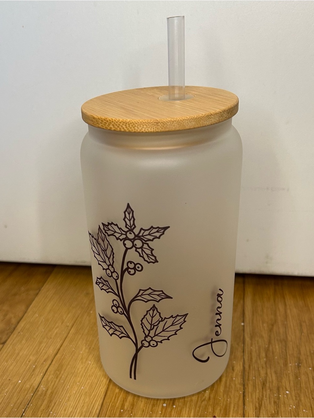 Personalized Frosted Glass Drink Jar with Bamboo Lid and Straw - “Jenna”